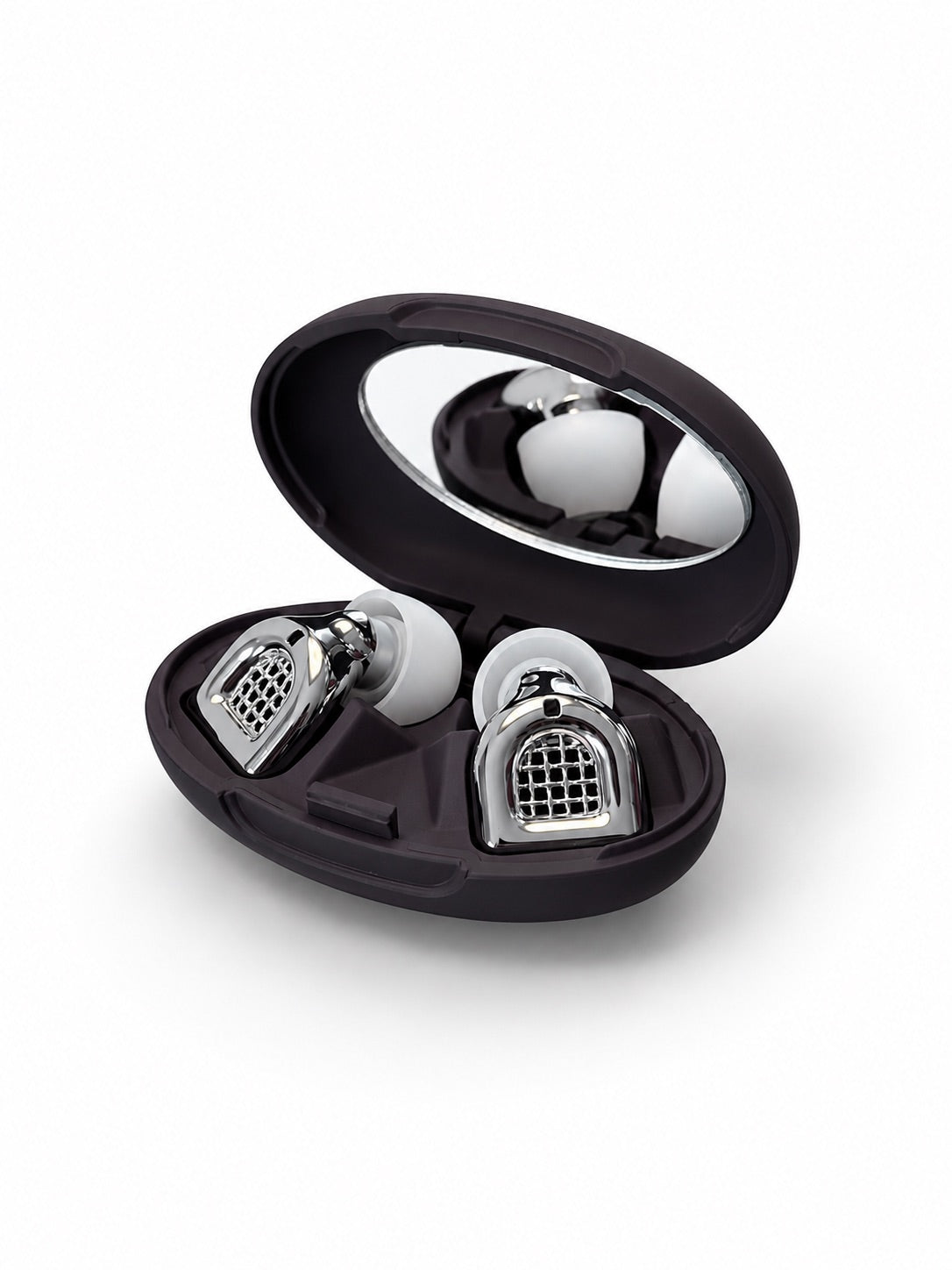 Silver MUSED earplugs in black travel case with built-in mirror