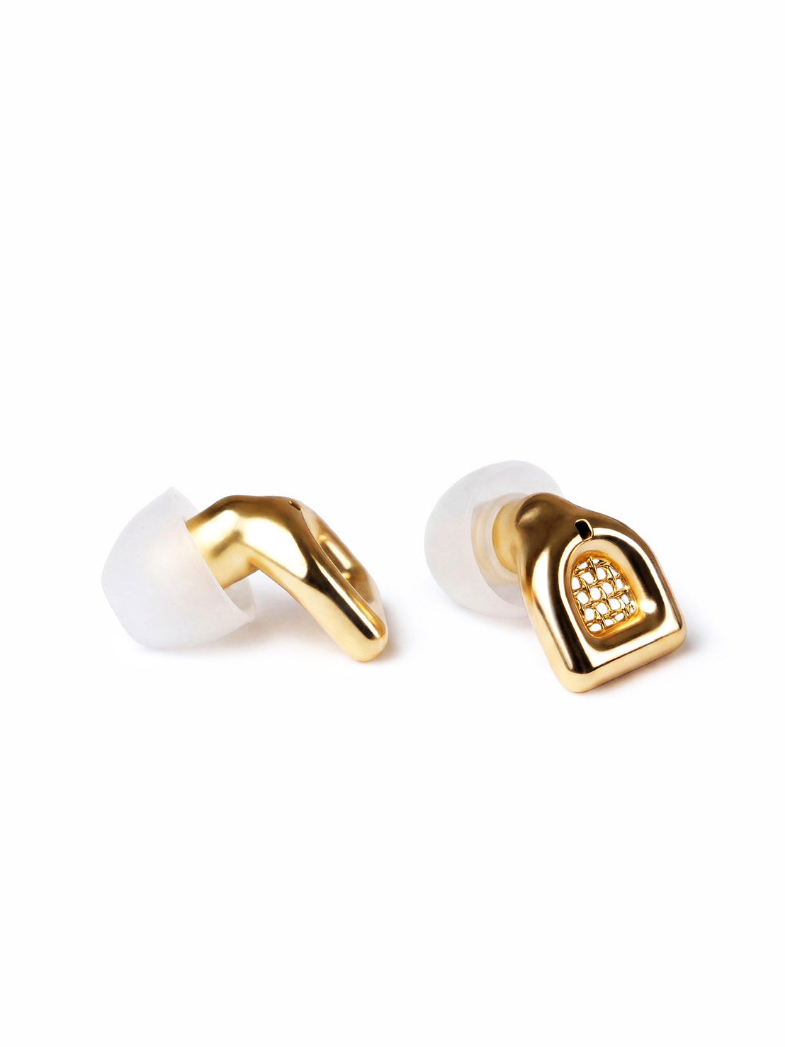 Pair of gold MUSED earplugs with transparent silicone tips