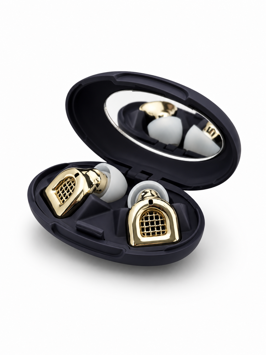 Gold MUSED earplugs in black travel case with built-in mirror