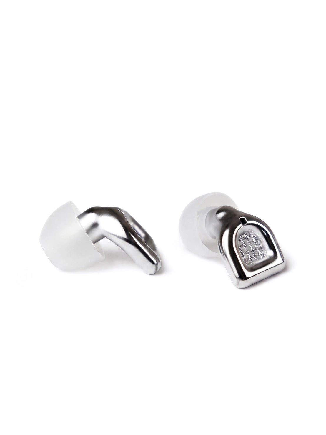 Pair of silver MUSED earplugs with transparent silicone tips
