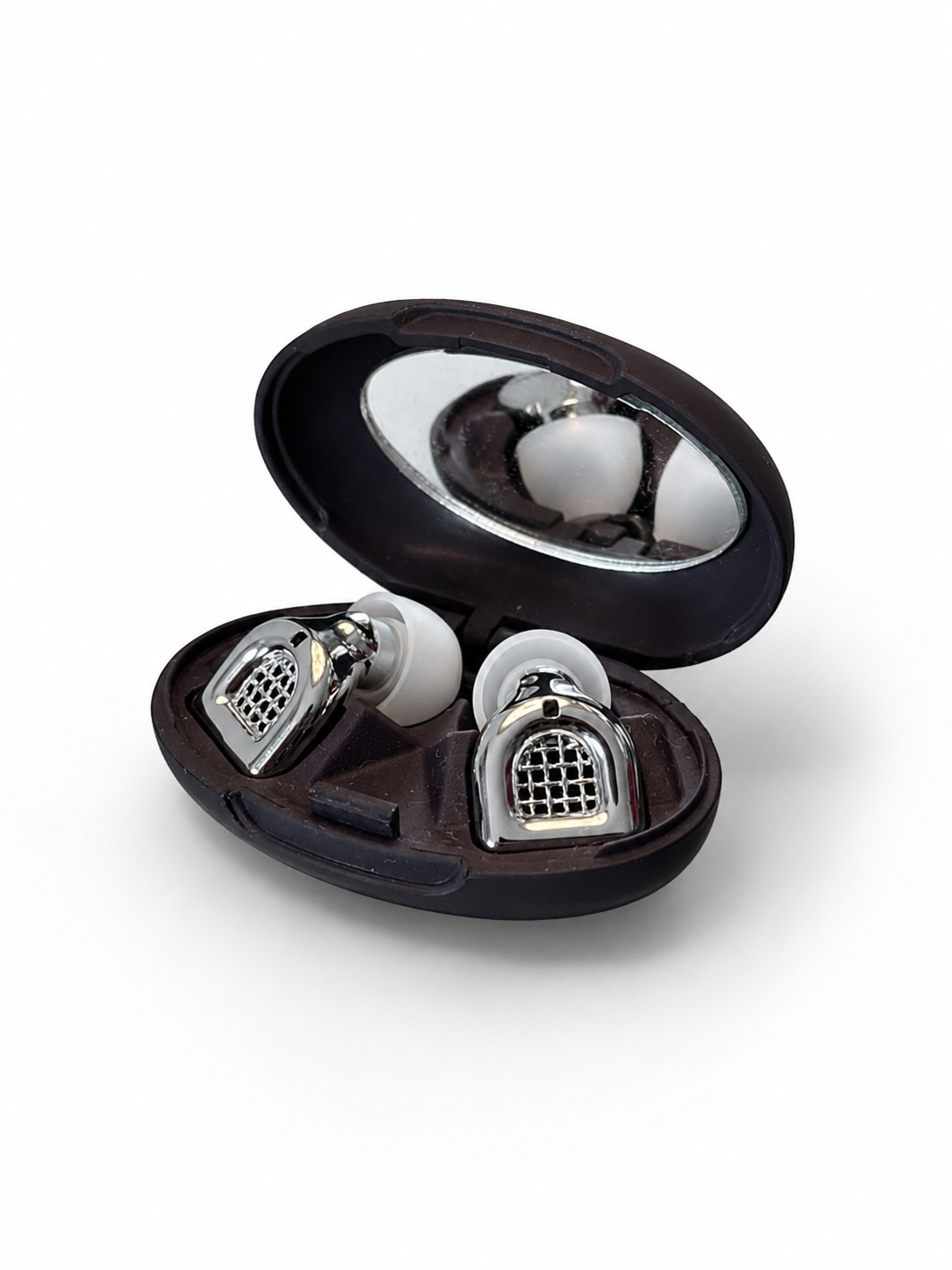 Silver MUSED earplugs in black travel case with built-in mirror